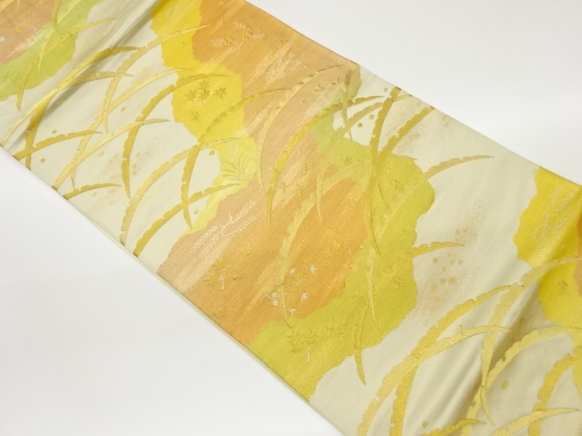 道長取りに雪芝・吹き寄せ模様織出し袋帯